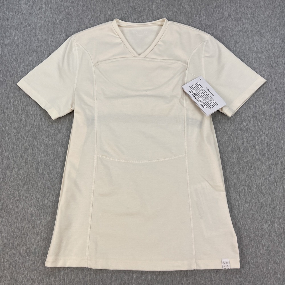 Lalabu Baby Dad Shirt Mens Large Natural White Short Sleeve V-Neck NEW